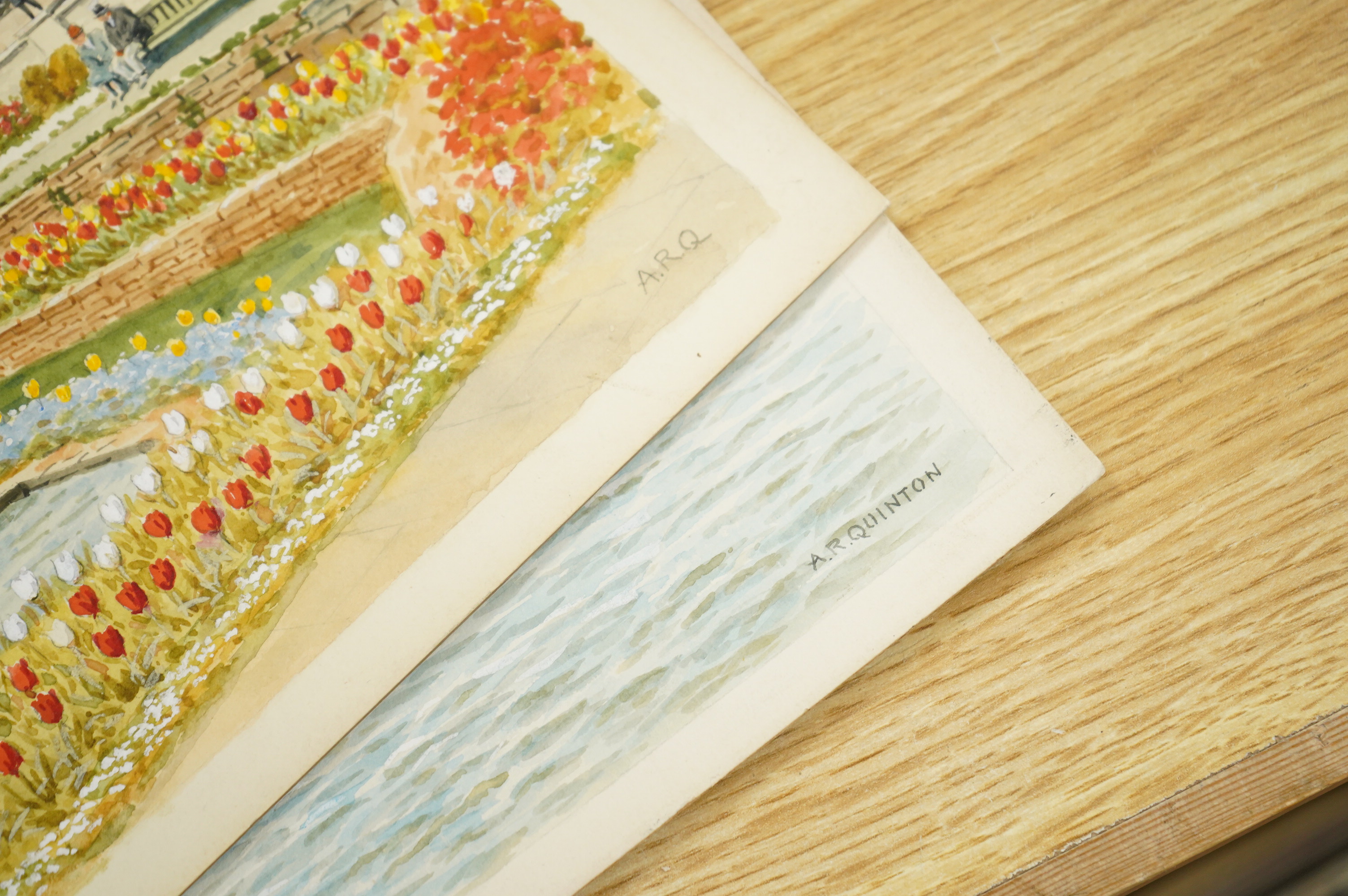 Alfred Robert Quinton (1853-1934), set of four original watercolours for postcard designs, Brighton views, comprising: The Royal Pavilion, Brighton, Kemp Town, Sunk Gardens and The Beach from West Pier, each signed, unfr